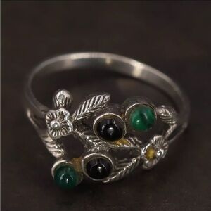 Navajo Malachite and Onyx Agate Flower and Leaf Ring